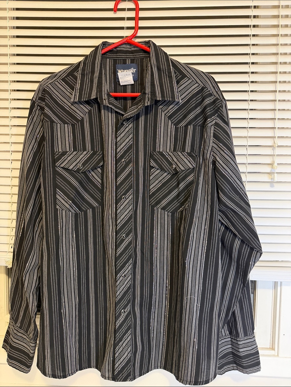 Wrangler Mens Western Pearl Snap Shirt Black Gray Striped Long Sleeve